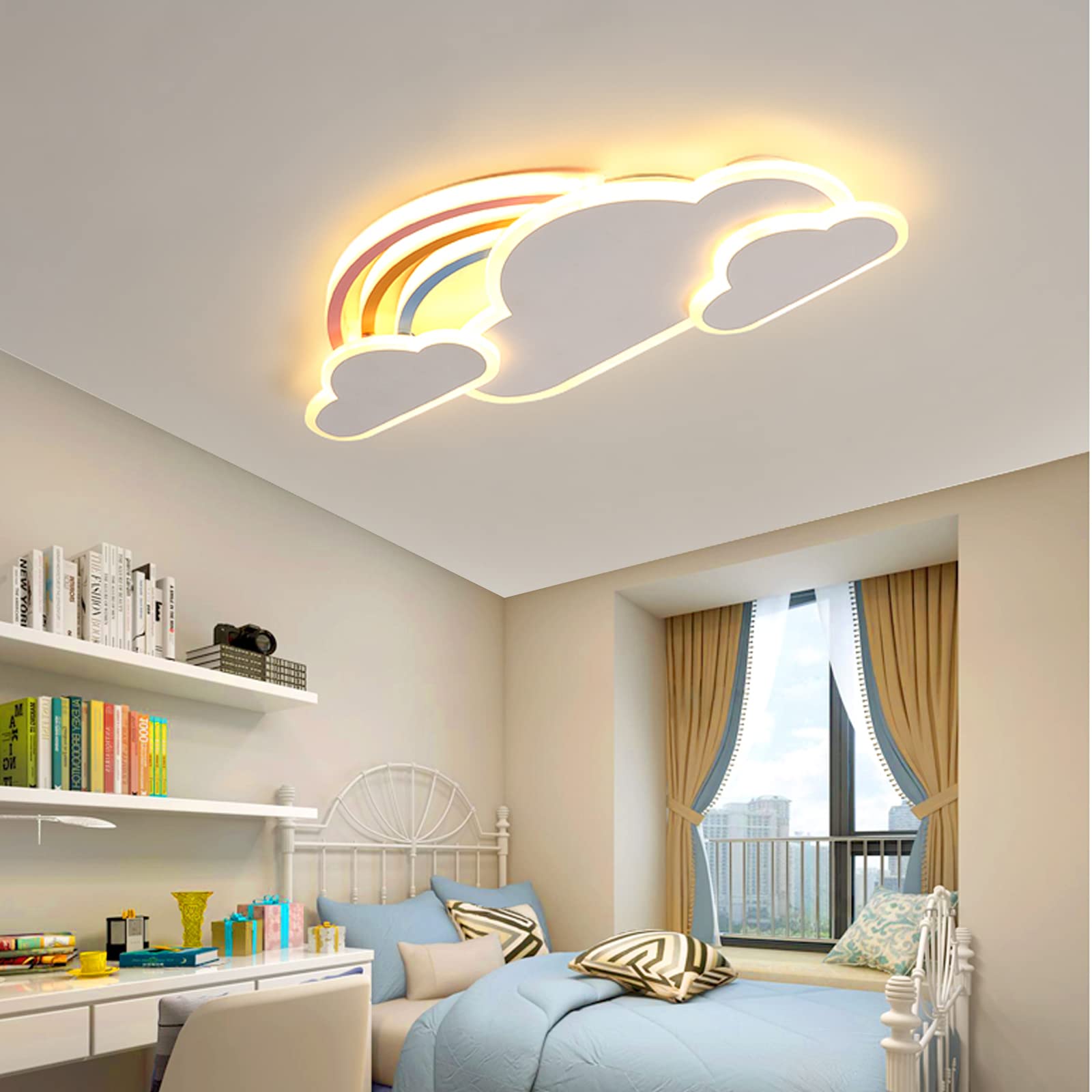 LED Dimbare Plafondlamp, Kinderkamer Cirkellamp Moderne Regenboog Wolk Designer Hanglamp Jongens Meisjes Slaapkamer Lampen Eetkamer Eettafel Hal Plafondlampen (63CM,White