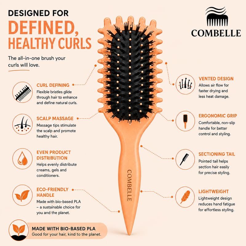Image of Combelle 5-in-1 Curl Hair Brush | Vegan Boar Bristles | Bio-Based PLA Handle | Detangling, Defining & Frizz Control for Curly & Wavy Hair | For Men & Women - Peach Orange (Pack of 3)