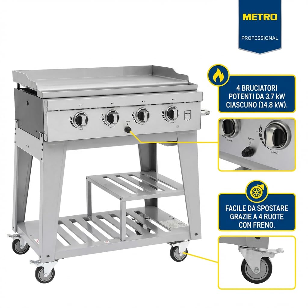 METRO PROFESSIONAL Barbecue a Gas con 4 Bruciatori e Piastra, 85x50 cm, Acciaio Inox, con Ruote e Telo di Copertura, Argento, 14.8 kW