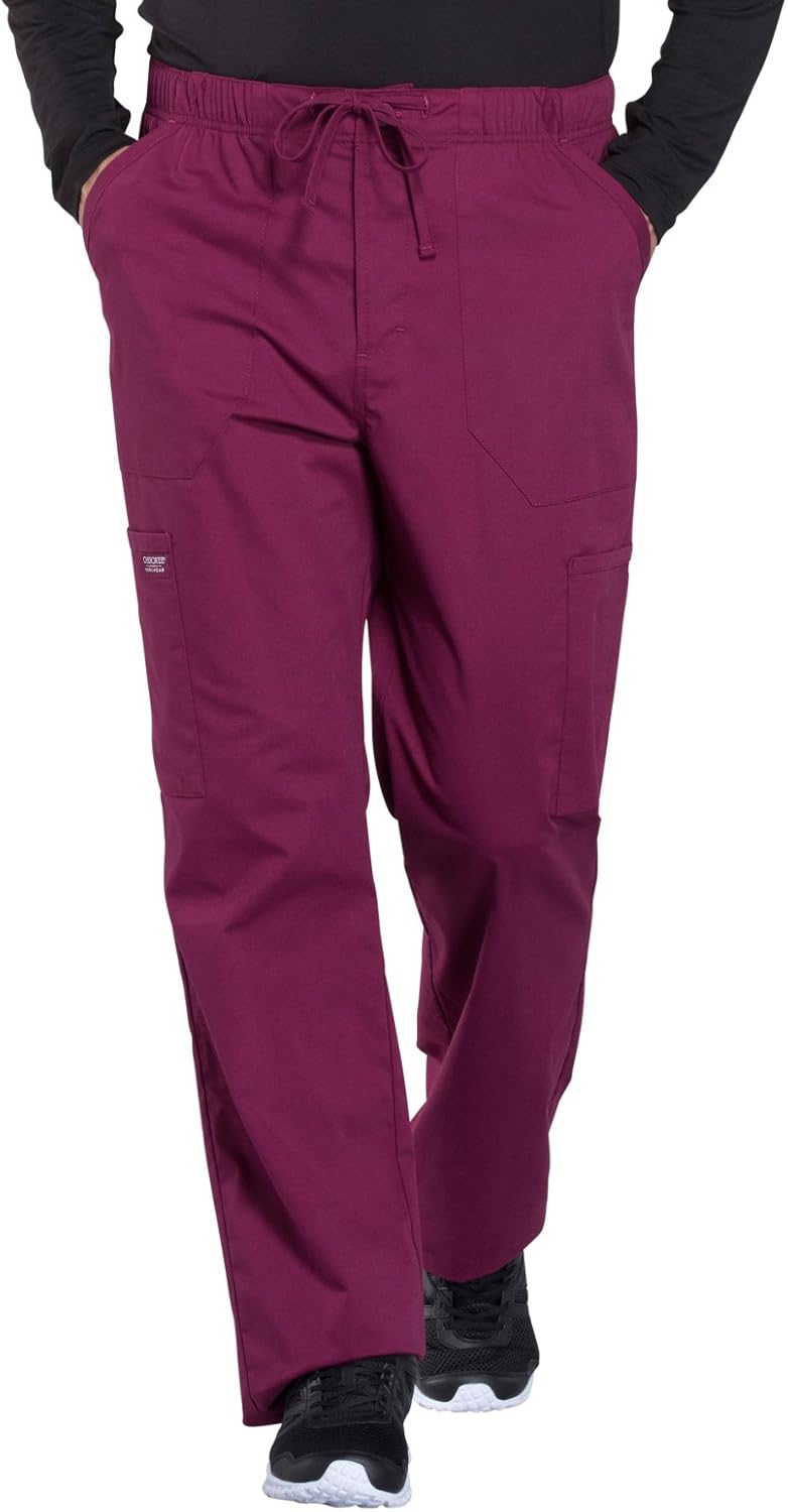 Men Scrubs Set Workwear Professionals WW695T V-Neck Top & WW190T Tapered Leg Fly Front Cargo Pant, Wine- S Tall Top/S Tall Pant