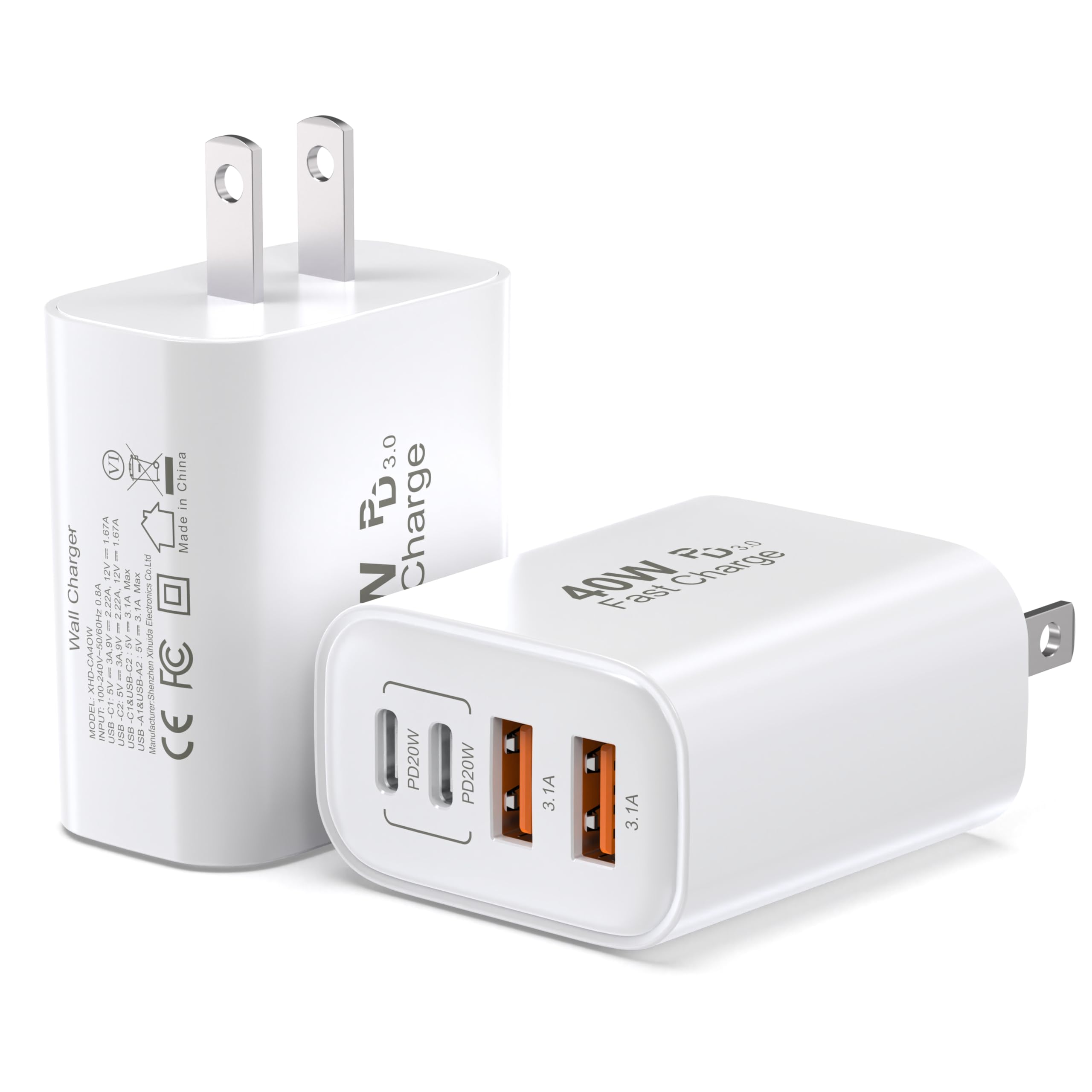 TT&C 40W USB C Charger Block 2-Pack, 4-Port Fast Charging Block (2 USB-C + 2 USB-A), Compact Multi-Device Wall Plug Adapter for iPhone 17,16,15,14,13,