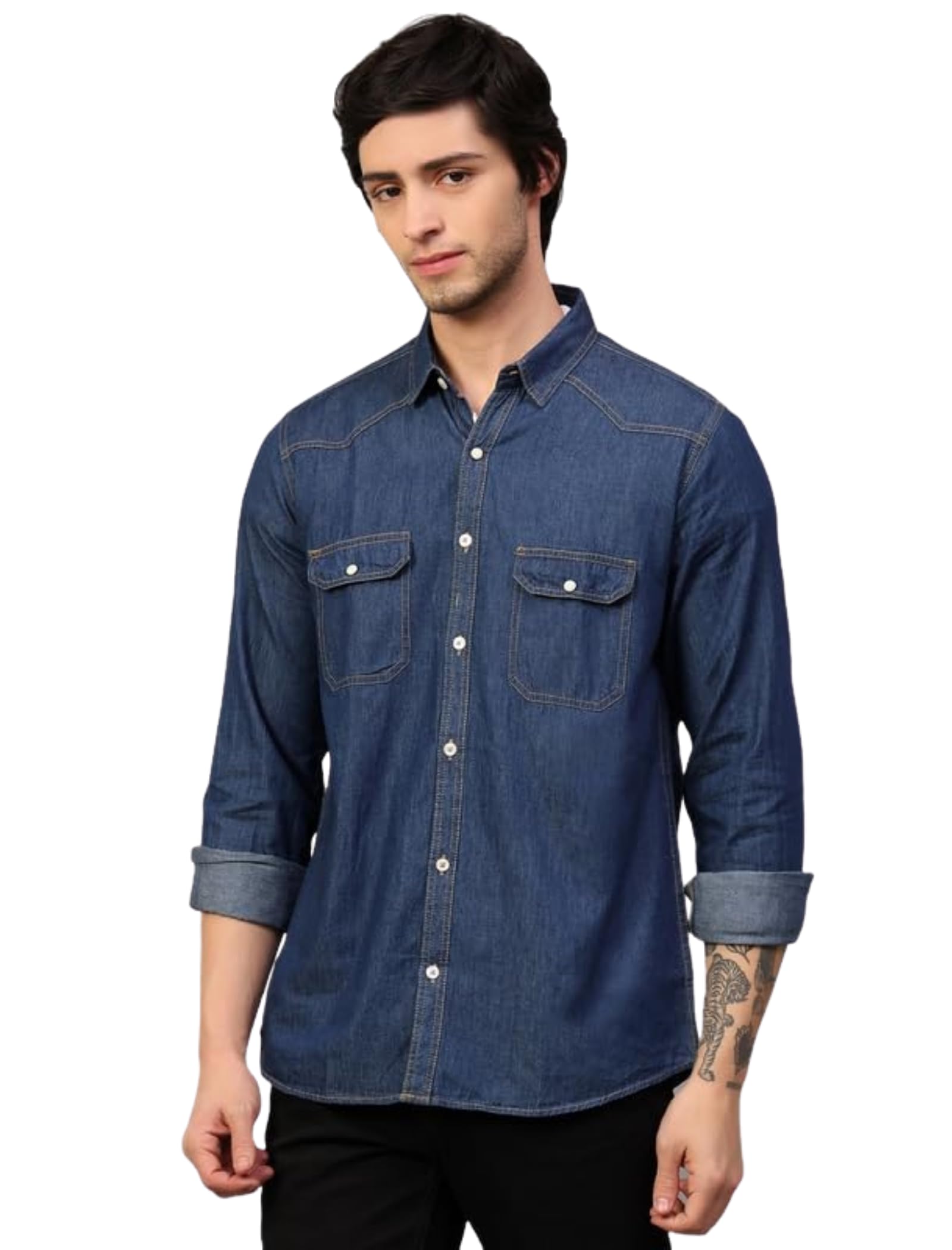 keshav srushti Men's Denim Shirt with Regular Fit Solid Pattern Long Sleeve Collared Neck and Button Down Closure|Men Denim Shirt-picture-12