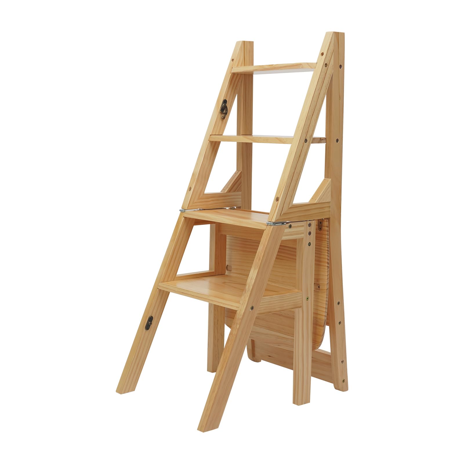 Taburete plegable de madera, 2 en 1, con cierres seguros, guante de protección, silla de escalera multifuncional para dormitorio, oficina, apartamento, cocina