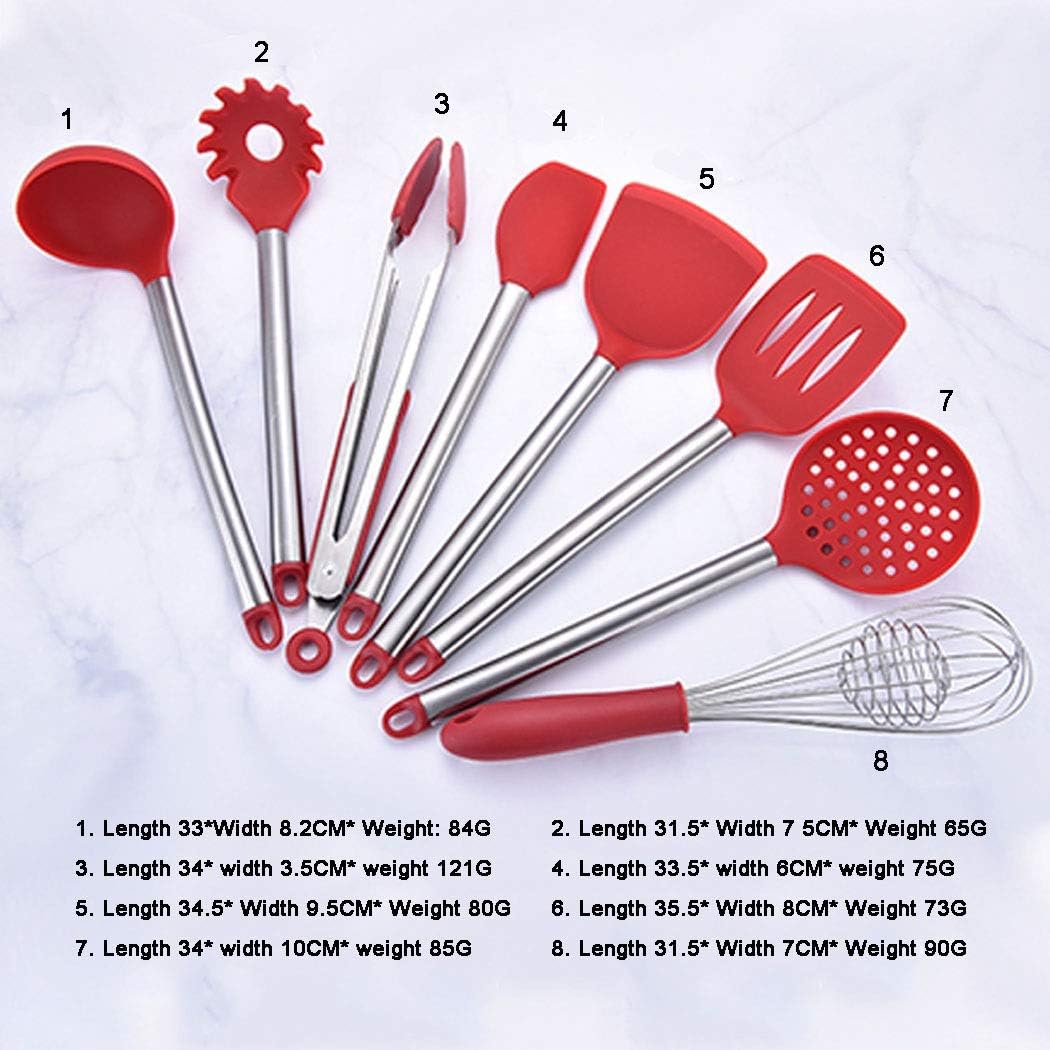 Kitchen Shovel Spoon Set-Stainless Steel Handle Silicone Kitchenware Set Of 8, High Temperature Cooking Spoon Shovel Kitchen Tool with holder J-86