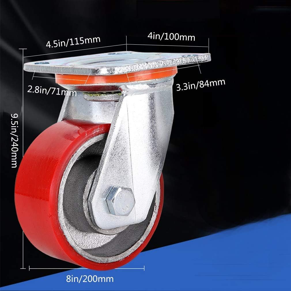 2 Pcs Iron Core Polyurethane Industrialor Wheels, 8" Heavy Duty 360° Swivel Transport Trolleynitureer, Load Capacity 800Kg, Red (Directional 8Inch)