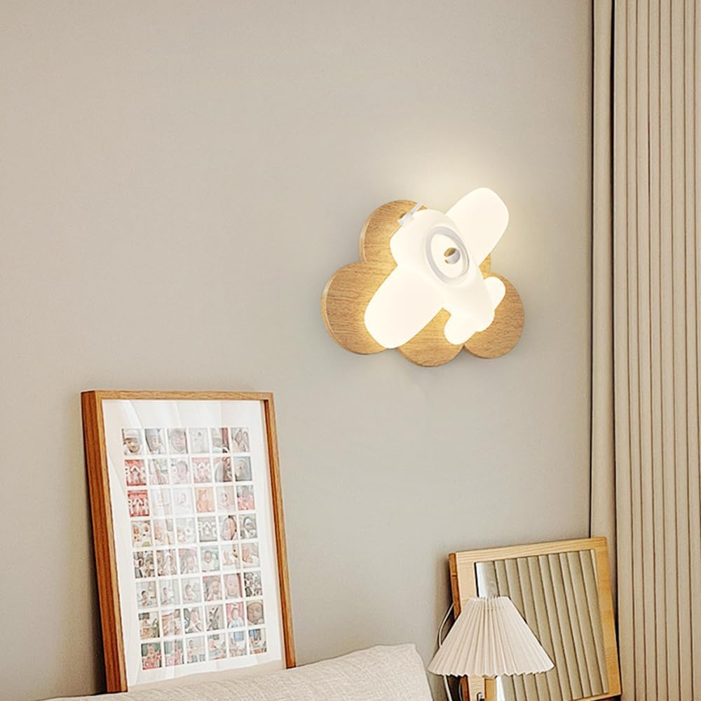 LED Wall Light Kids Room Wood Airplane Wall Sconce with Pull Chain Switch White Milk Shade Rustic Farmhouse Wall Mounted Lamp Mid Century Wall Sconce for Boys Girls Bedroom Children Nursery
