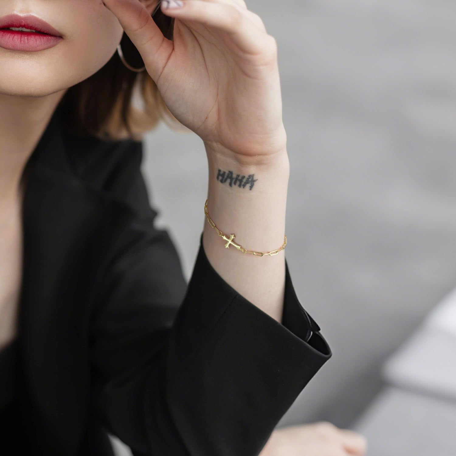 14K Gold Bracelets for Women Gold Chain Bracelets for Women Paperclip Bracelet for Womens Sleek Lines with Cross Element Womens Cross Bracelet 6.7/7.5/8.3 inches - Image 4