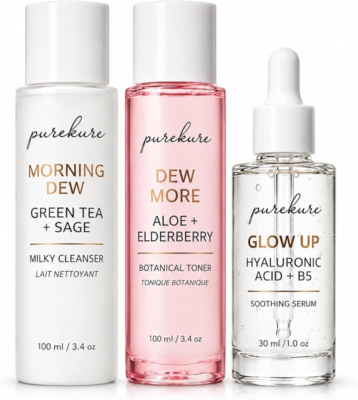 Kit de cuidados faciais Purekure com 3 produtos: limpeza com chá-verde, tônico de aloe vera e elderberry e sérum com ácido hialurônico + vitamina B5