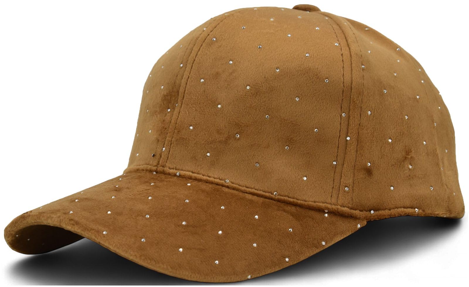 Stylebreaker Women's Camel Baseball Cap With Rhinestone Studs | 6-Panel Velvet Basecap With Curved Visor | Adjustable Solid Color Cap With Hook And Loop Fastener 56-59 Cm,
