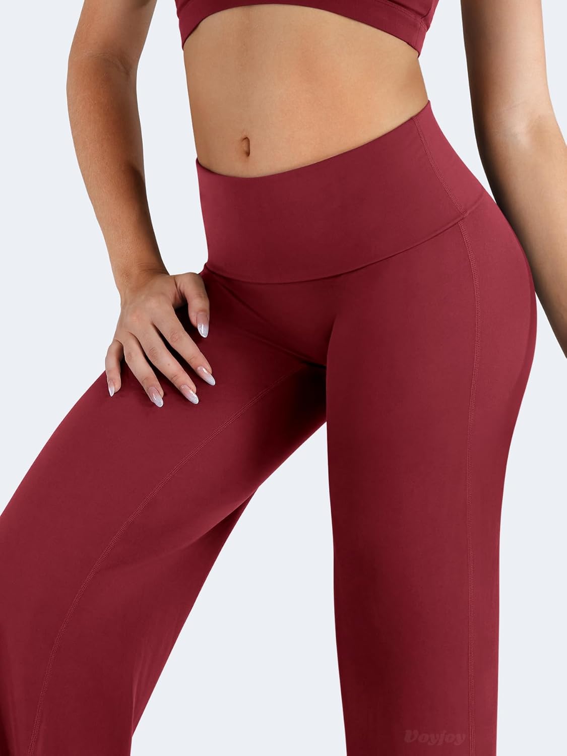 VOYJOY Fold Over Straight Leggings Womens Wide Leg Yoga Pants No Front Seam 31.5" Mid Low Waist Stretch Sweatpants - Image 2