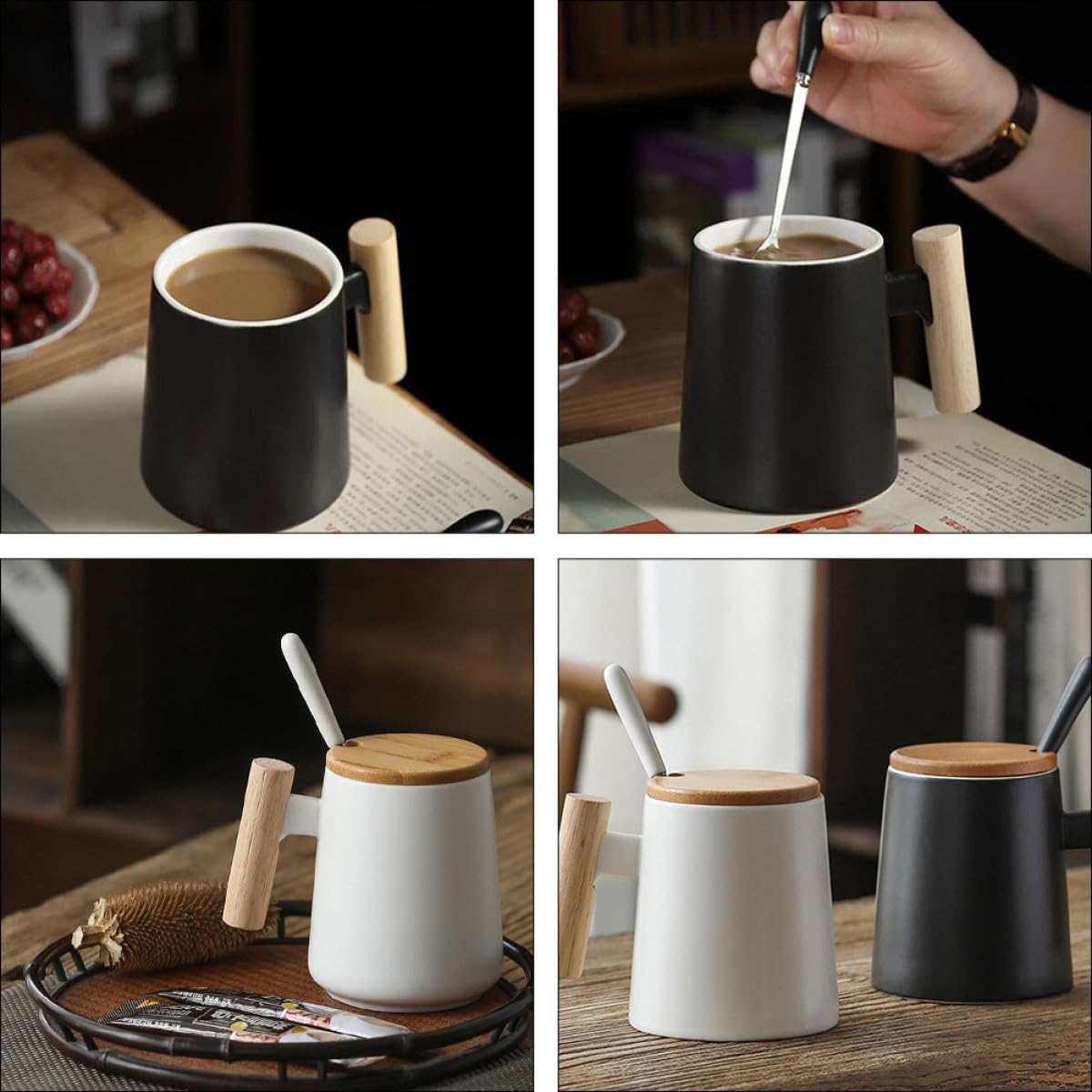 SHOWERORO Keramik Kaffeebecher Holzdeckel 2 Stück mit Deckel und Löffel Praktischer Becher für Frühstück und Haferflocken