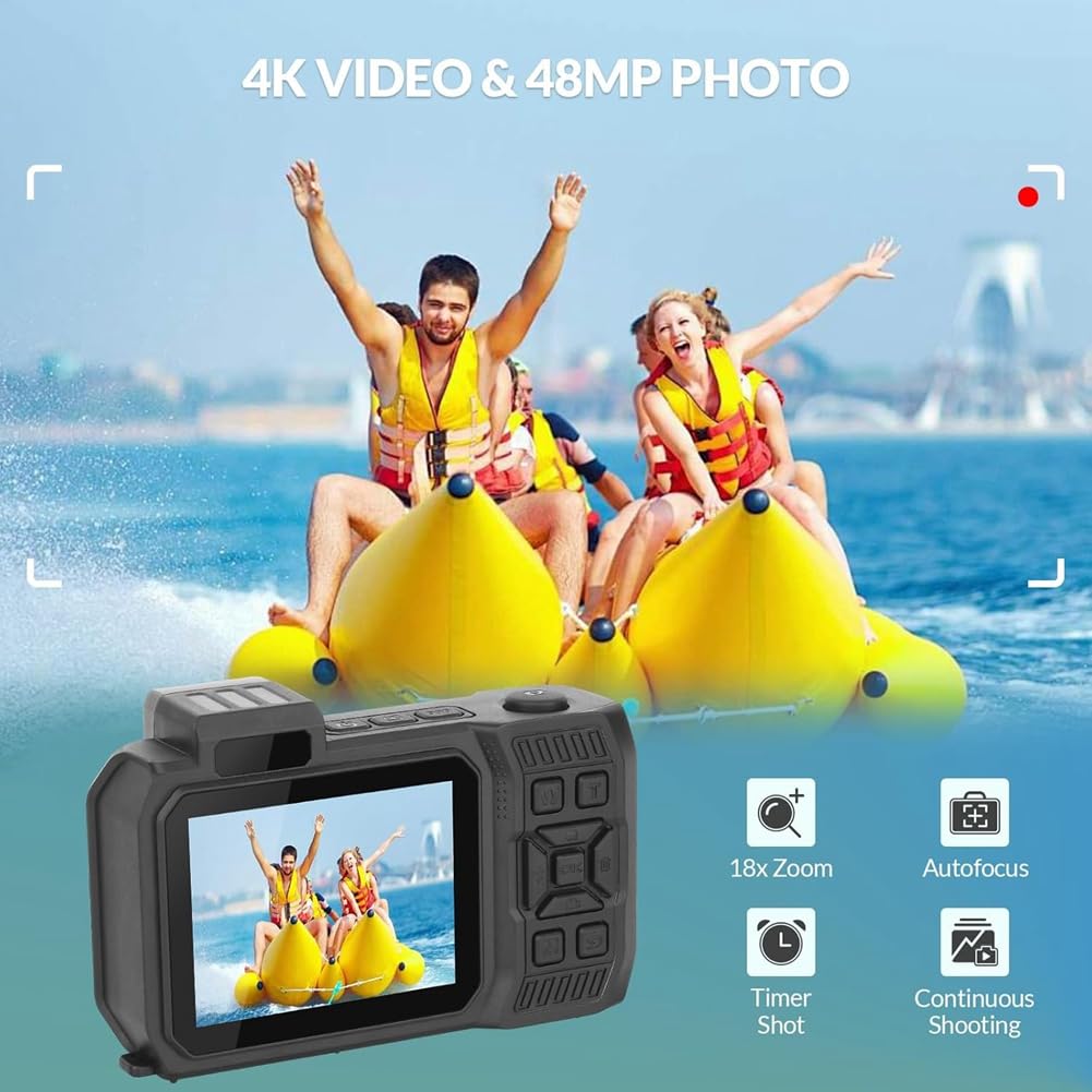 Cámara Subacuática 4K de 33 Pies, Cámara Impermeable con Pantallas Duales, Cámara Digital de 48 MP con Enfoque Automático para Hacer Snorkel