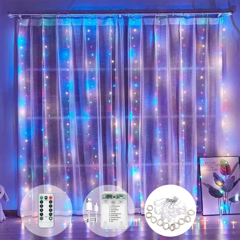 WEYSH Fairy Window Curtain Lights Battery USB Powered 3M×3M, Curtain of String Lights with Remote, 300LED Indoor Outdoor Decorative Lights for Bedroom, Patio, Party Wedding (RGB)
