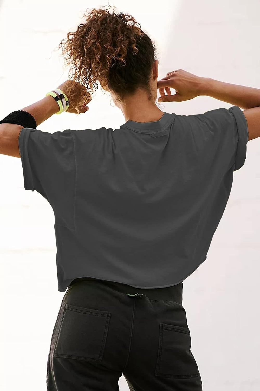 Women's Oversize Workout Crop Tops Casual Short Sleeve Drop Shoulder Boxy T-Shirts Roll Hem Basic Loose Yoga Running Tees - Image 2