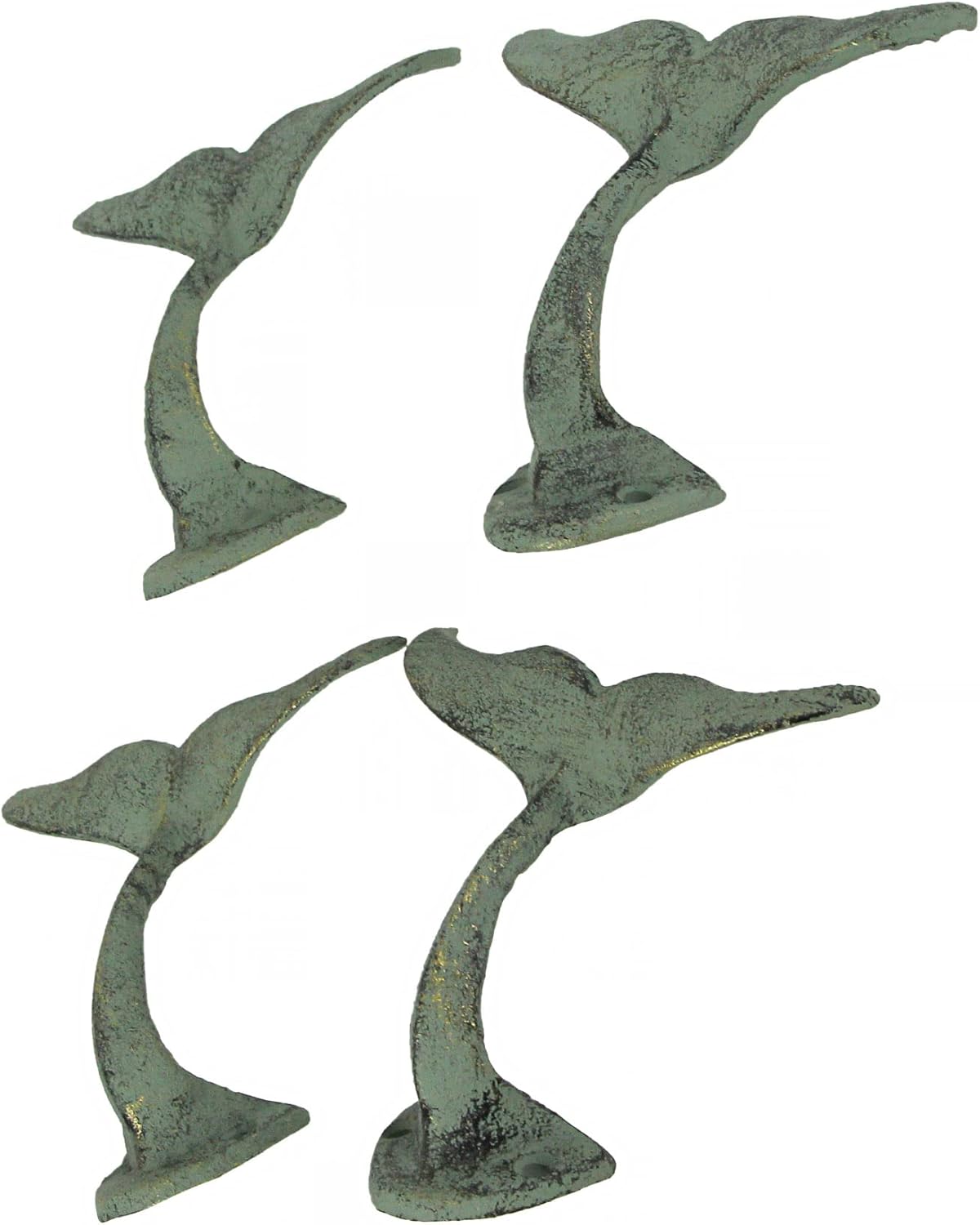 Zeckos Set of 4 Durable Cast Iron Whale Tail Wall Hooks with Verdigris Green Finish - Nautical Decorative Hooks for Coats, Robes, or Leashes - 4.5 Inches Long
