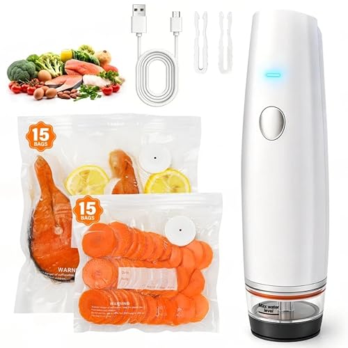 -80kPa Compact Vacuum Sealer for Food (Vacuum Sealer Machine + 30 Reusable Bags),1200mAh Rechargeable Handheld Vacuum Sealer Machine Portable Mini Food Sealer for Sous Vide & Meal Prep
