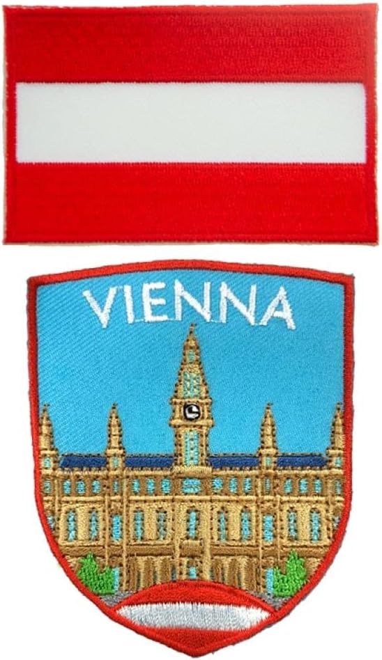 A-ONE 2 PCS Pack- Vienna Landmark Shield Patch+Austria Flag Applique, City of Music, Freud Dream City, Capital City Patch, Wien Souvenir Patch for Clothes Bags Laptops, Sew on Iron on Stick on NO.269C