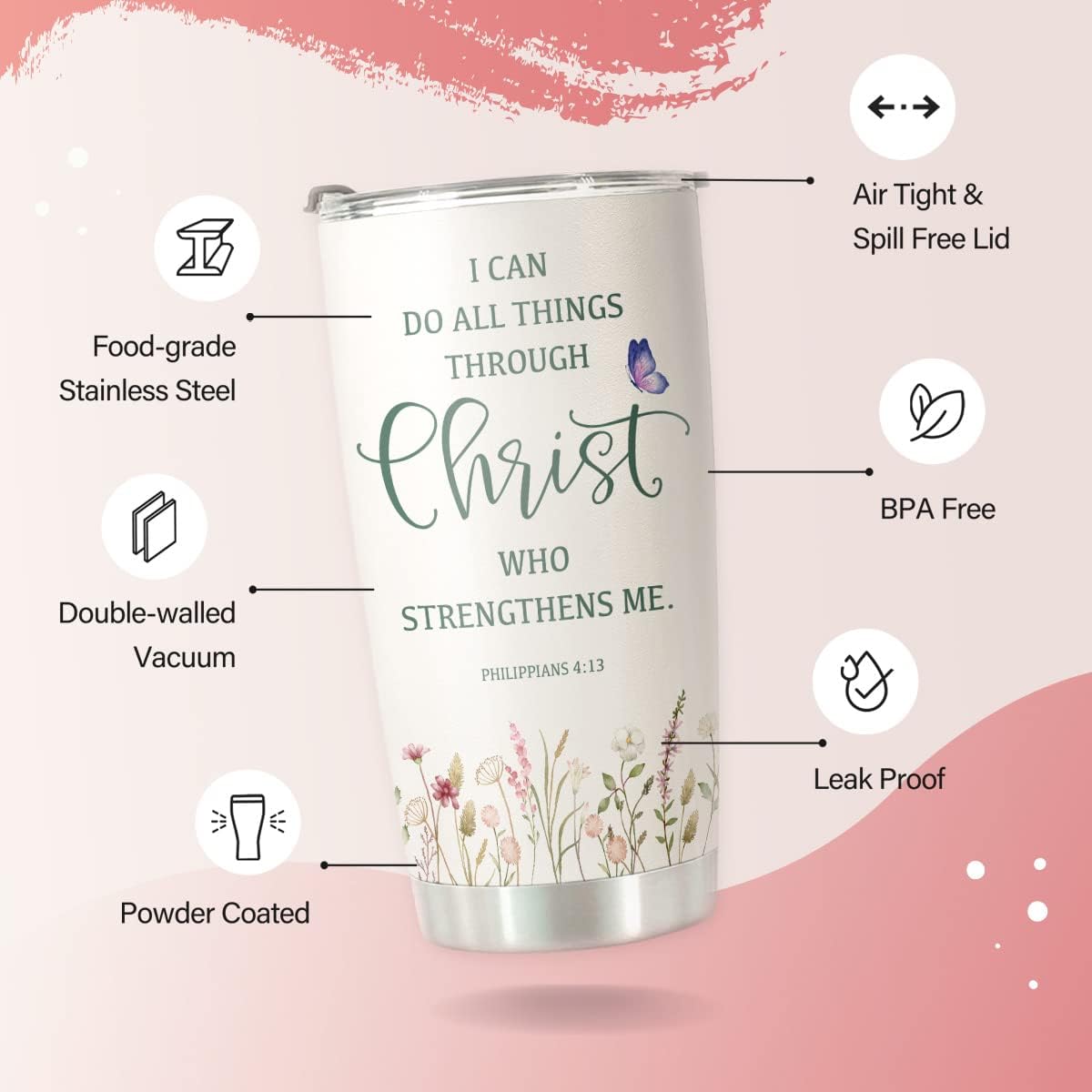 Christian Gifts for Women - I Can Do All Things Through Christ Coffee Travel Mug - Catholic Faith Jesus God Bible Verse Religious Gifts Stainless Steel Tumbler 20oz - Image 4