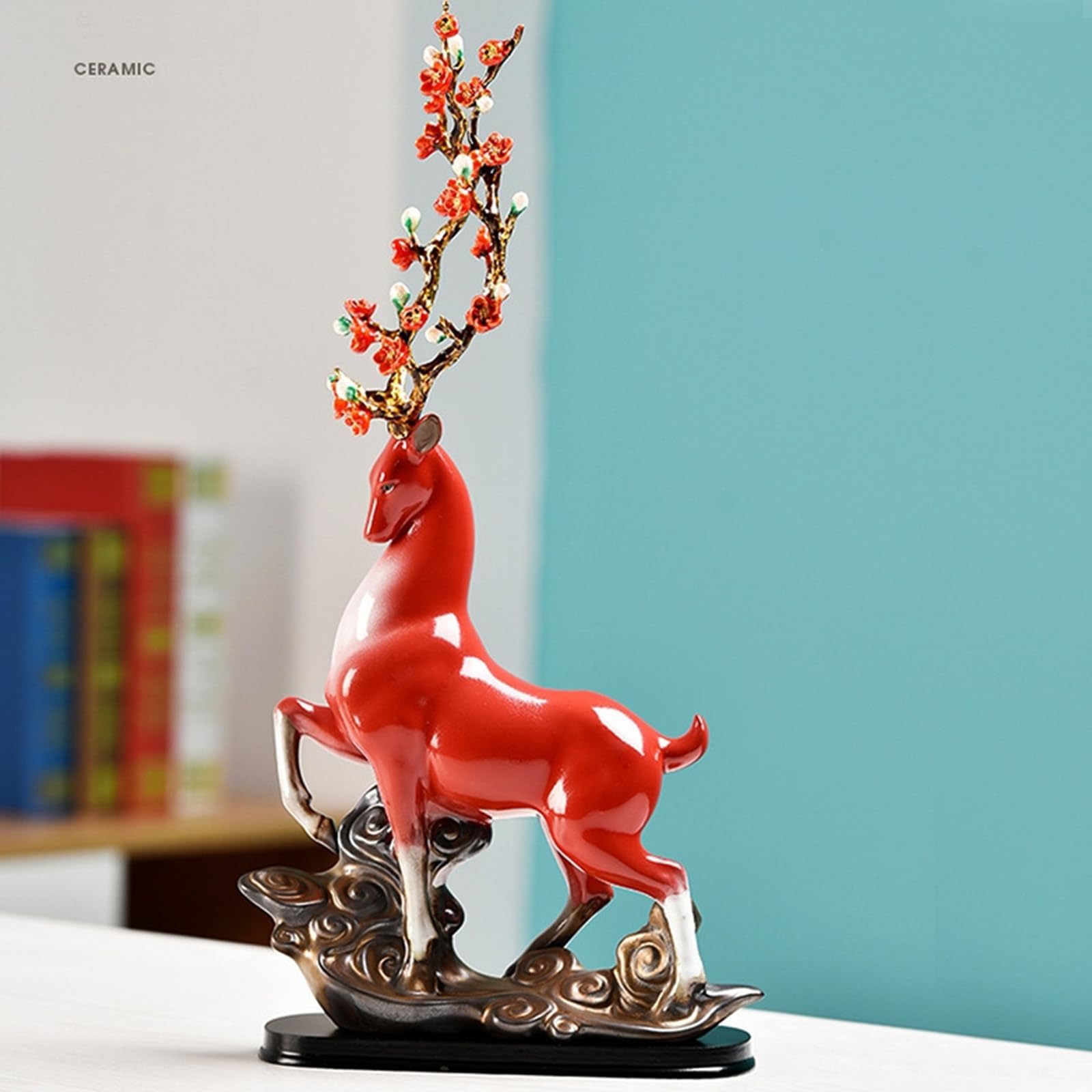 Statua Decorativa - Figurine Di Animali Da 16,5 Pollici Decorazioni Per La Casa Di Alci, Statue Di Cervo Sika In Porcellana Figure In Ceramica Scultura Di Renne, Figure Artistiche Da Tavolo(Rot)