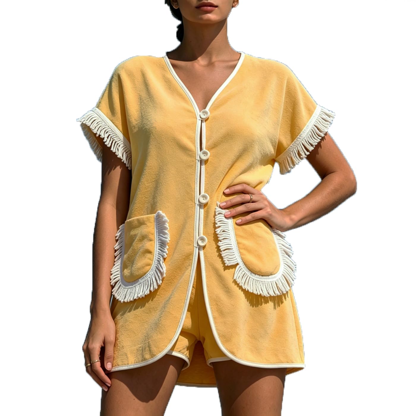 Conjunto de 2 piezas con flecos para mujer, cuello en V, cárdigan con botones, pantalones cortos, conjunto de descanso con bolsillos, conjunto de pijama casual de tela de rizo para vacaciones