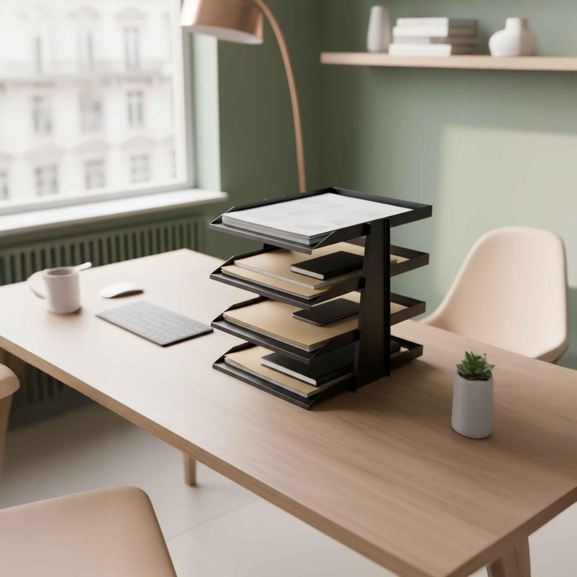 SteelLine 4 Katlı Metal Dosya Rafı - Masa Üstü Ultra Sağlam Ofis Organizer (29.5x30.5x25cm) (Siyah)