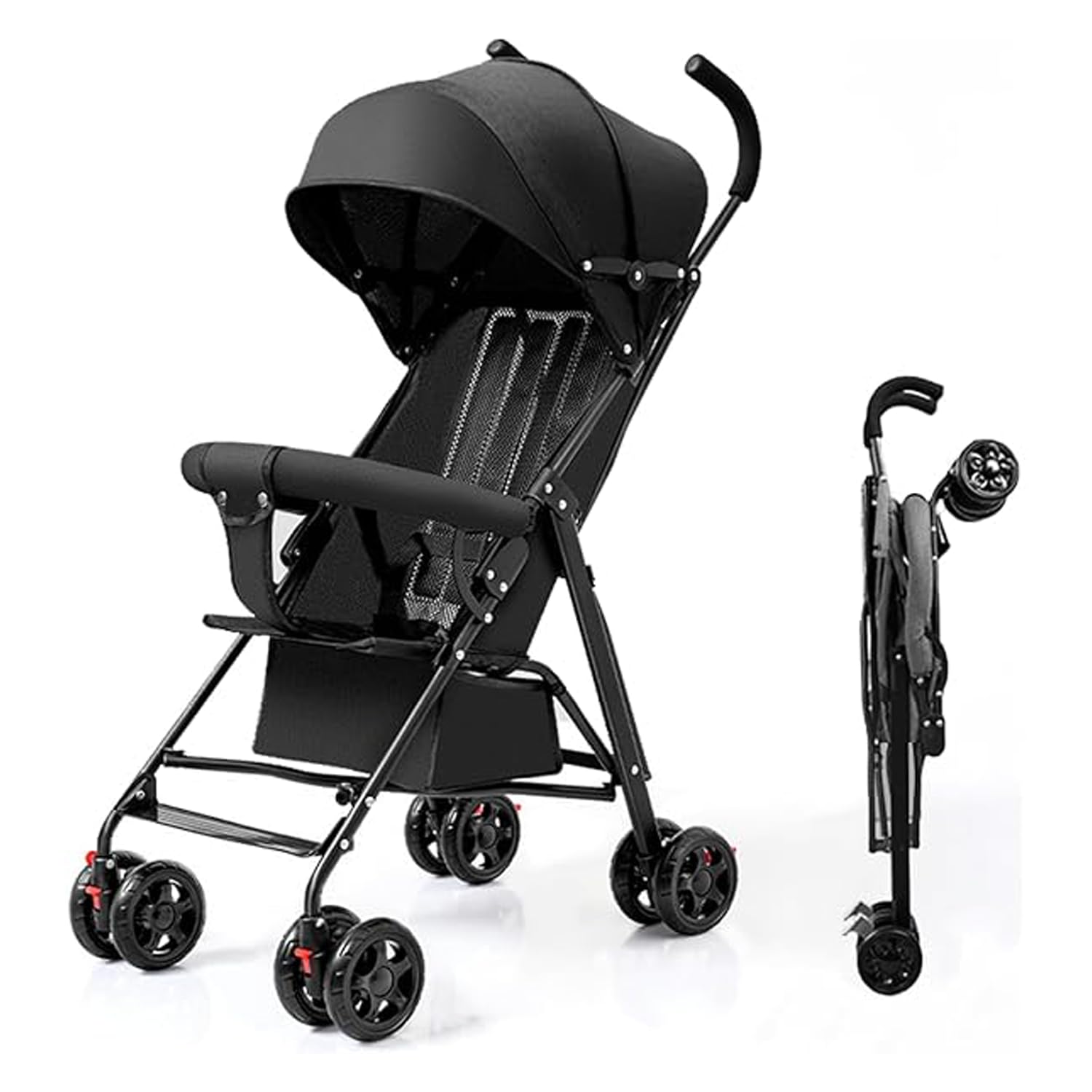 Safe-O-Kid Lightweight & Compact Baby Stroller/Buggy with 5-Point Safety Harness, Adjustable Canopy & Recline Seat | Travel-Friendly Pram for 6-36 Months Babies- Black-image-2