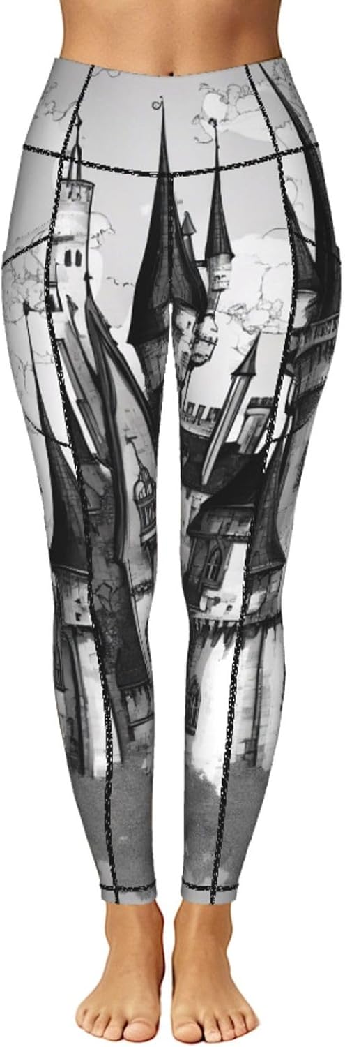 Gothic Fairy Tale Castle Print Leggings for Women,Workout Sets with Tummy Control,Perfect Gym Clothes for Women