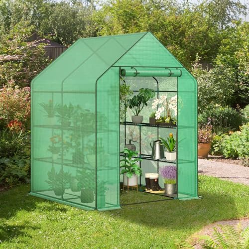 LEMY Mini Walk-in Greenhouse 2-Tier 8-Shelf Indoor Outdoor Plant Gardening Green House w/PE Cover for Garden, Backyard L57×W57×H77 - Thumbnail 6