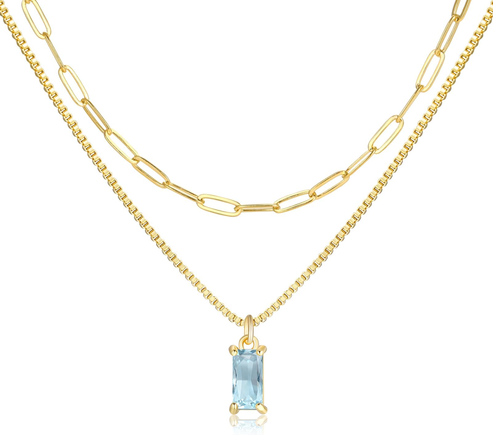 Dainty Gold Charm Necklaces for Women Non Tarnish, 14K Trendy Blue Green Cubic Zirconia Emerald Pendant Birthstone Necklaces Birthday Gifts for Women Waterproof Jewelry
