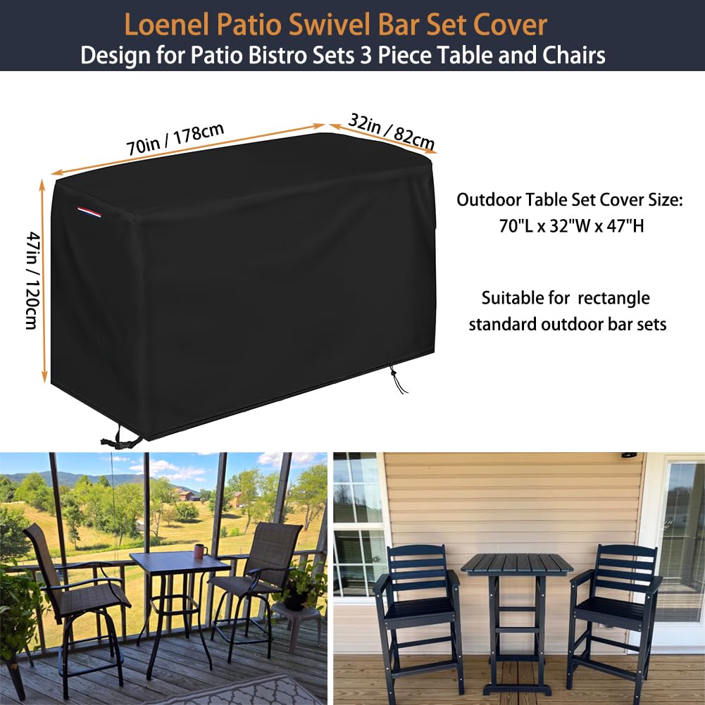 Cover For High Top Patio Bar Set Of 3 – 600D Oxford Waterproof Cover For Outdoor Swivel Bar Stools & Table, 70x32x47 Inches, Black