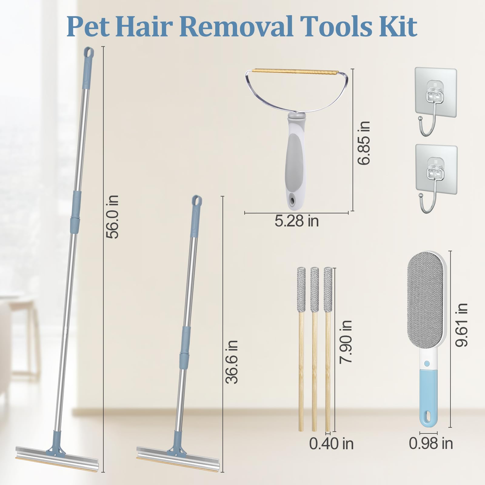 Lot de 4 outils d'épilation pour animaux de compagnie, râteau pour épilation des poils de chiens et chats, anti-peluches à long manche réglable, brosse pour tapis, canapé, meubles, gris clair