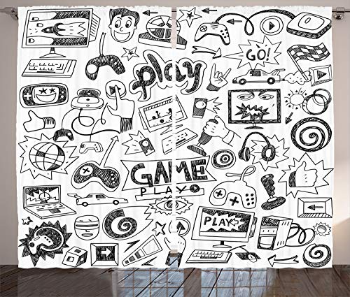 ABAKUHAUS Videojuegos Cortinas, Boceto Estilo de Juego, Sala de Estar Dormitorio Cortinas Ventana Set de Dos Paños, 280 x 225 cm, Blanco Negro