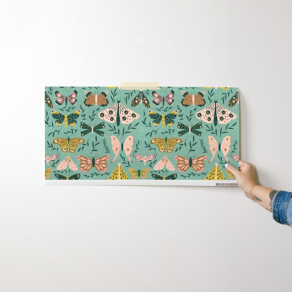 Peel & Stick Wallpaper Swatch - Moths Teal Butterfly Modern Gold Mint Moth Mod Custom Removable Wallpaper by Spoonflower