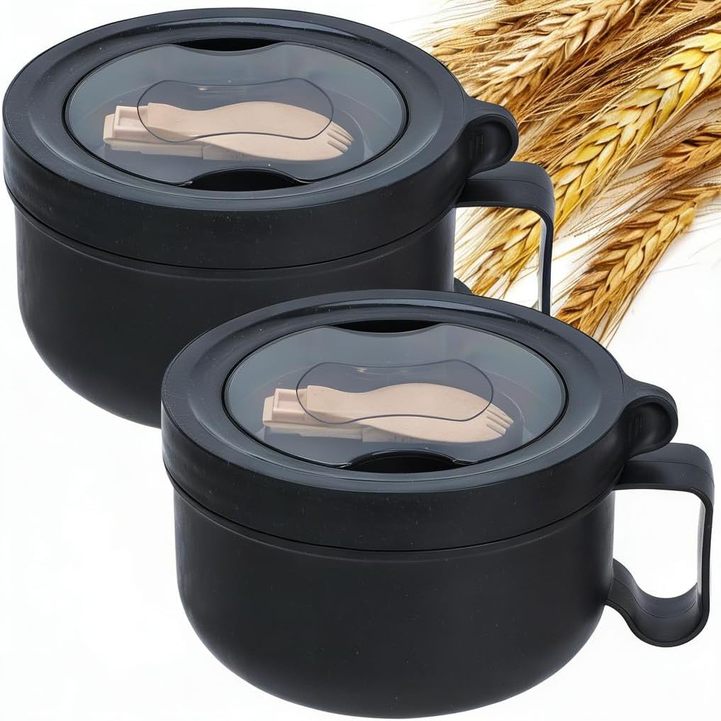 2 Pack Soup Bowl with Handles, Microwave Ramen Bowl with Lid for Soup and Instant Noodles,Oatmeal, Gumbo, Salad,BPA Free
