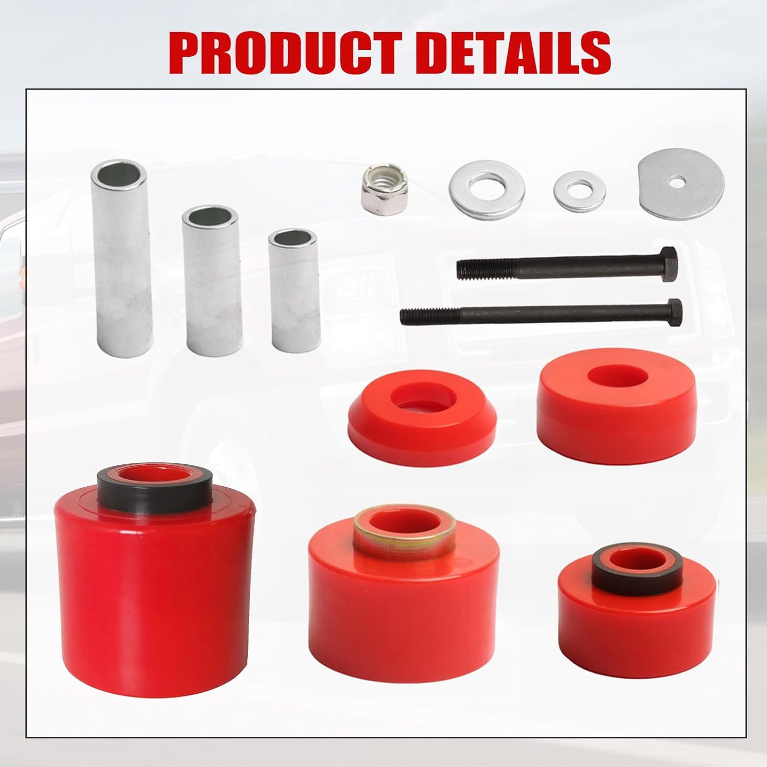 Polyurethane Body Mount Bushing Kit for 1980-1998 F-150/F-250/F-350 (2WD/4WD) - Includes Steel Sleeves & Hardware (Red) 4.4123R