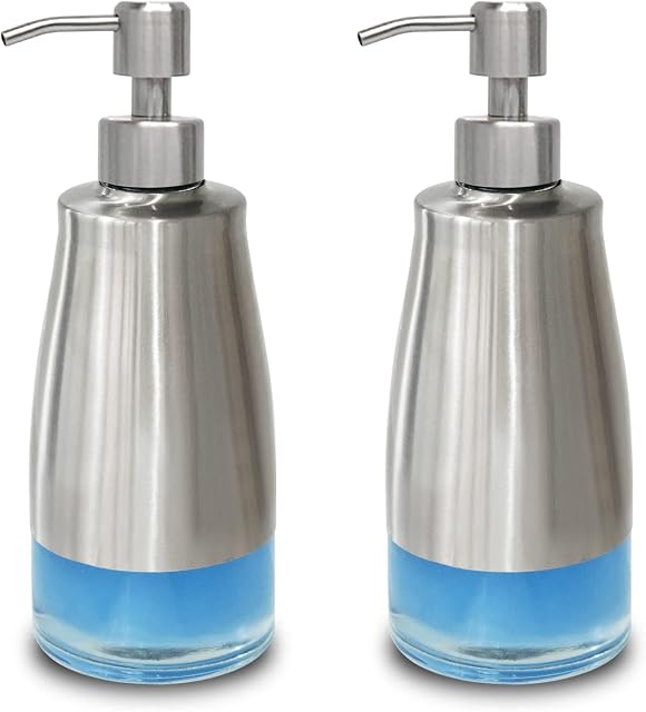 2pcs Soap Dispenser Clear Glass Liner Brushed Nickel Stainless Steel Case and Pump with Labels Washing up Liquid Dispenser for Kitchen, Bathroom