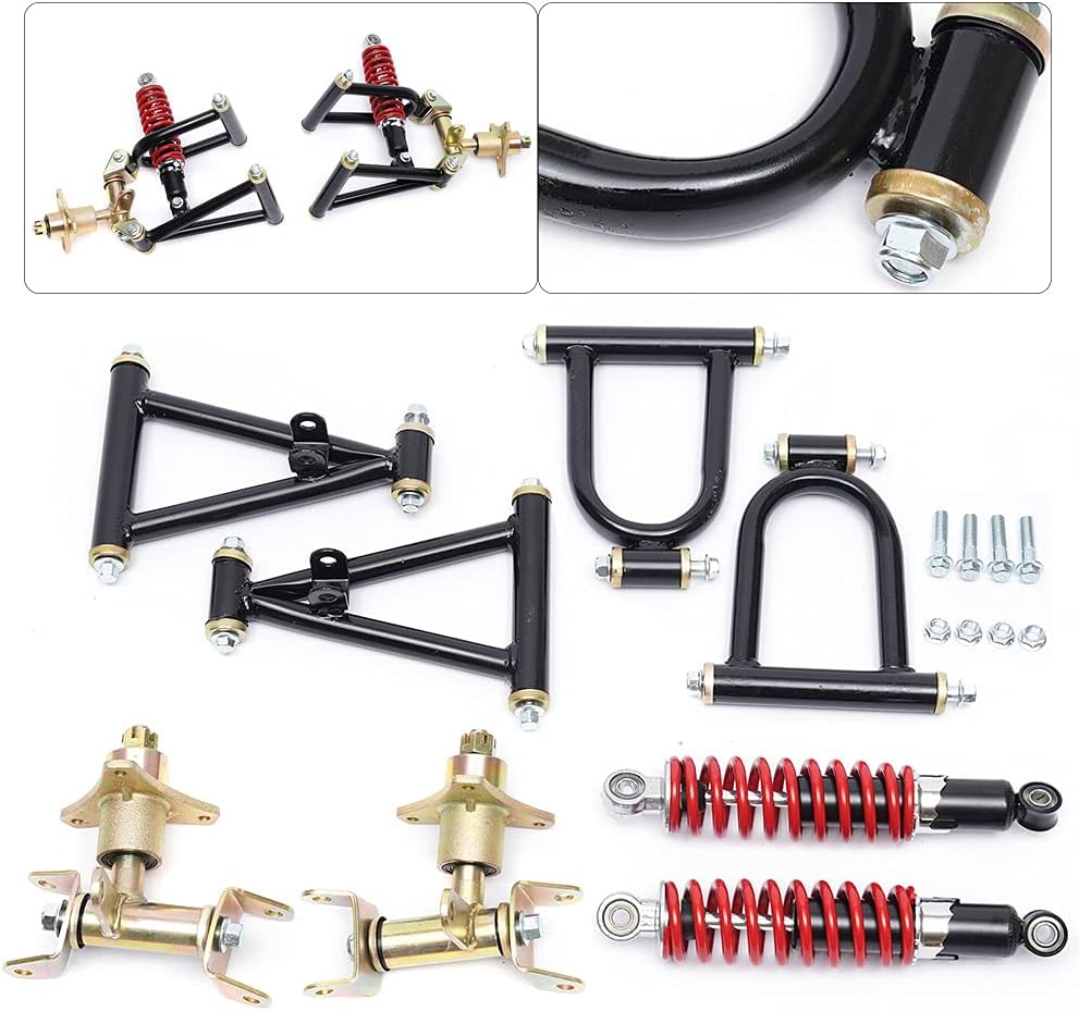 220mm go kart front suspension kit, Upper/Lower Swing Arm & Front Suspension Shock Assembly w/ 2 Steering Strut Knuckle Spindle &Wheel Hub, Fronts Suspension Swingarm Assembly for DIY ATVs