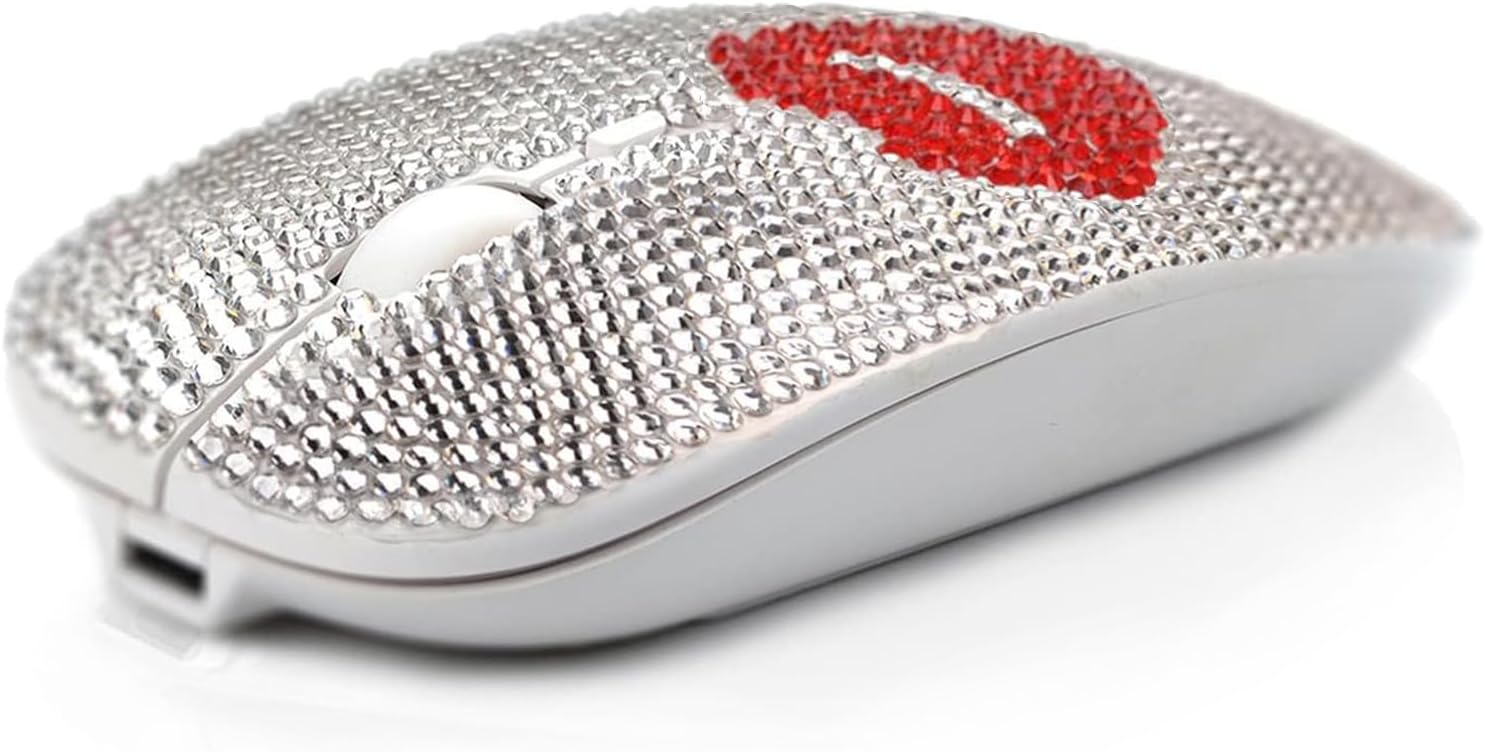 Bling Austrian Crystal Rhinestone Coverd Computer Mouse with USB Receiver, Sparkly Red Lips Flat Mice for Notebook, PC, Laptop, MacBook - Red Lip