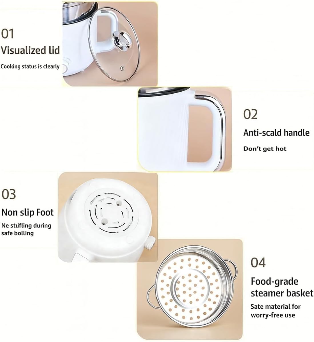 1.6L Electric Ramen Cooker Multicooker: Non-Stick Hot Pot for Instant Noodles Pasta Oatmeal Stews Soup Shabu-Shabu and Egg Dorm Cooking Includes Steamer Basket & Glass Lid Power Adjustment White
