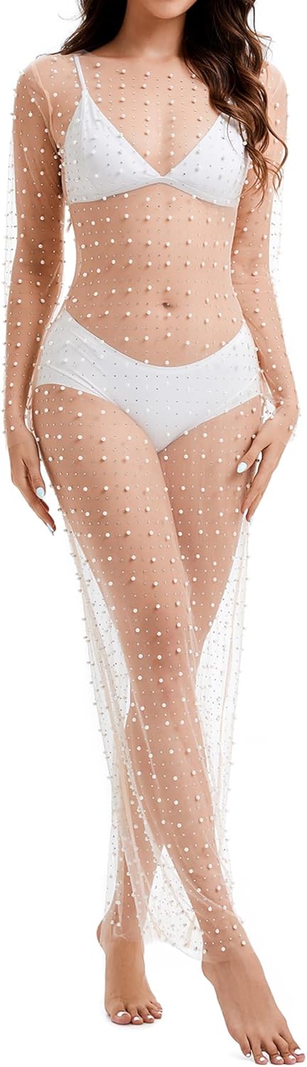 Willow Dance Women's Sheer Mesh Pearl Rhinestone Cover Up Beach Dress Swimwear Bikini Swimsuit Bathing Suit Coverups - Image 3