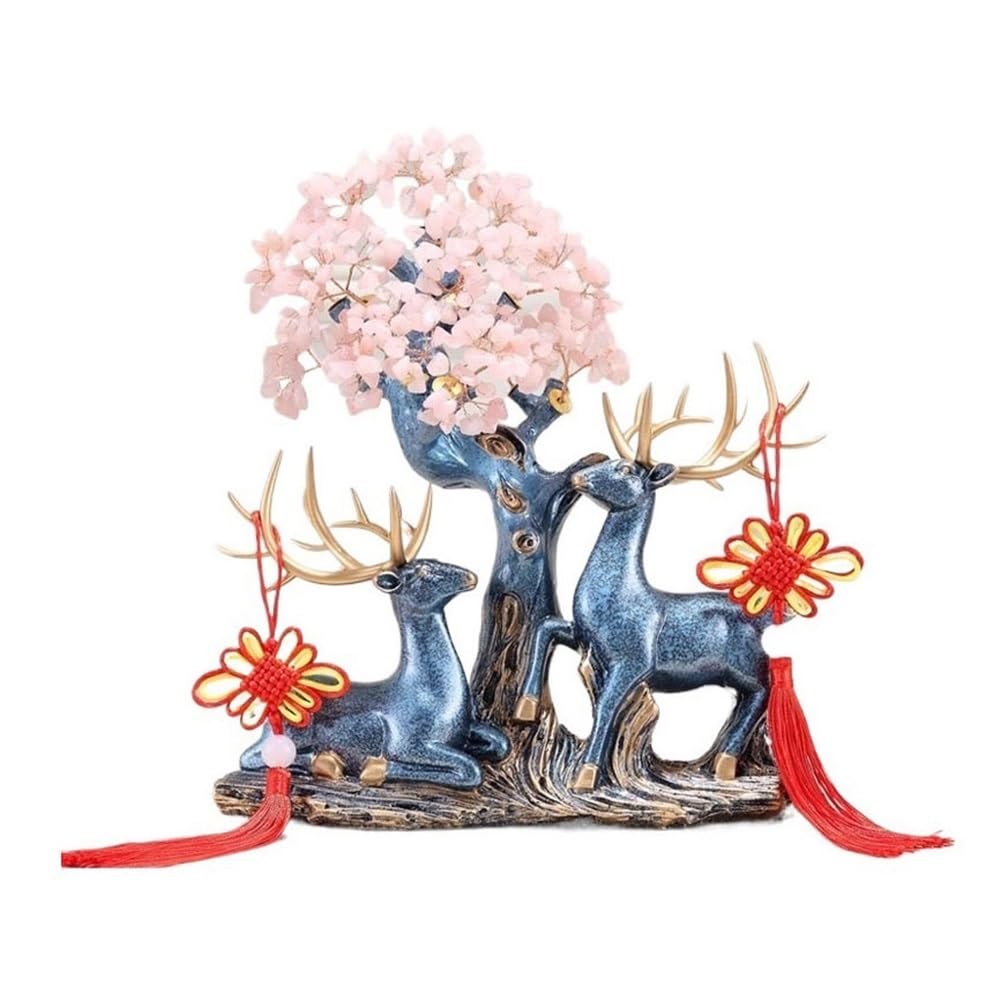 Fortune Crystal Trees Crystal Fortune Tree Decoration, with Deer Living Room Entryway Wine Cooler Ornament(Pink)