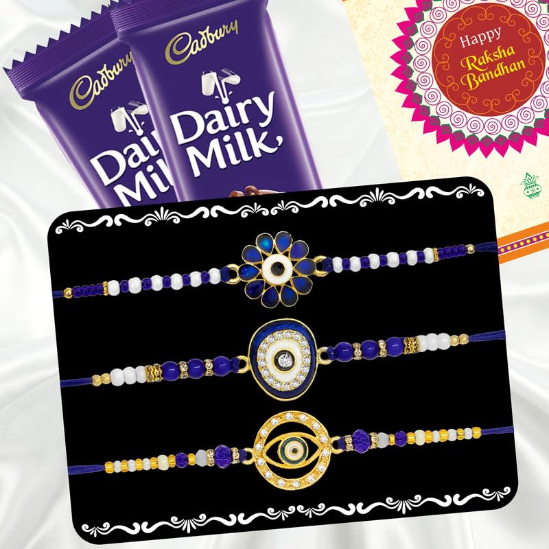 Image of Canton Rakhii Gift for Brother with Chocolate - Designer Rakhi for Brother with Cadbury Gift Hamper Pack, Roli Kumkum & Greeting Card (Design-5, 3 Rakhi + Cadbury)