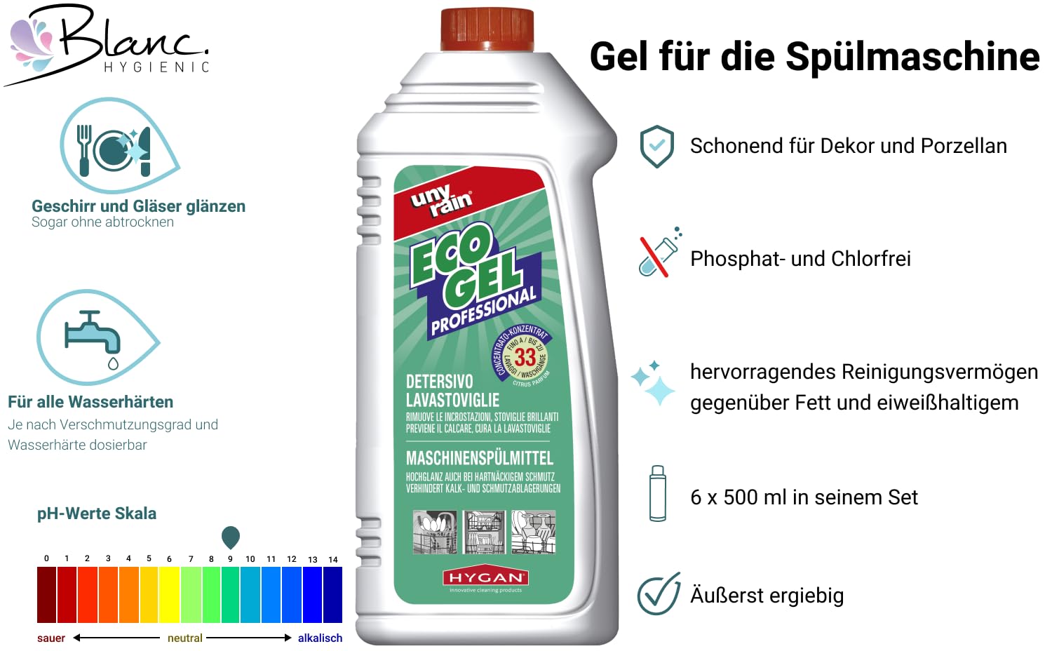 Geschirrspülgel ECO 6x500 ml chlorfrei | Phosphat- & chlorfrei, Klarspülwirkung, für alle Wasserhärten