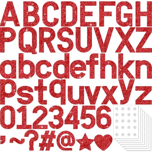 Image of Vuzvuv 295 Pcs Glitter Bulletin Board Letters and Numbers, 4 Inch Classroom Decor with Adhesive Points, Alphabet Cut Outs for School Display (Red)
