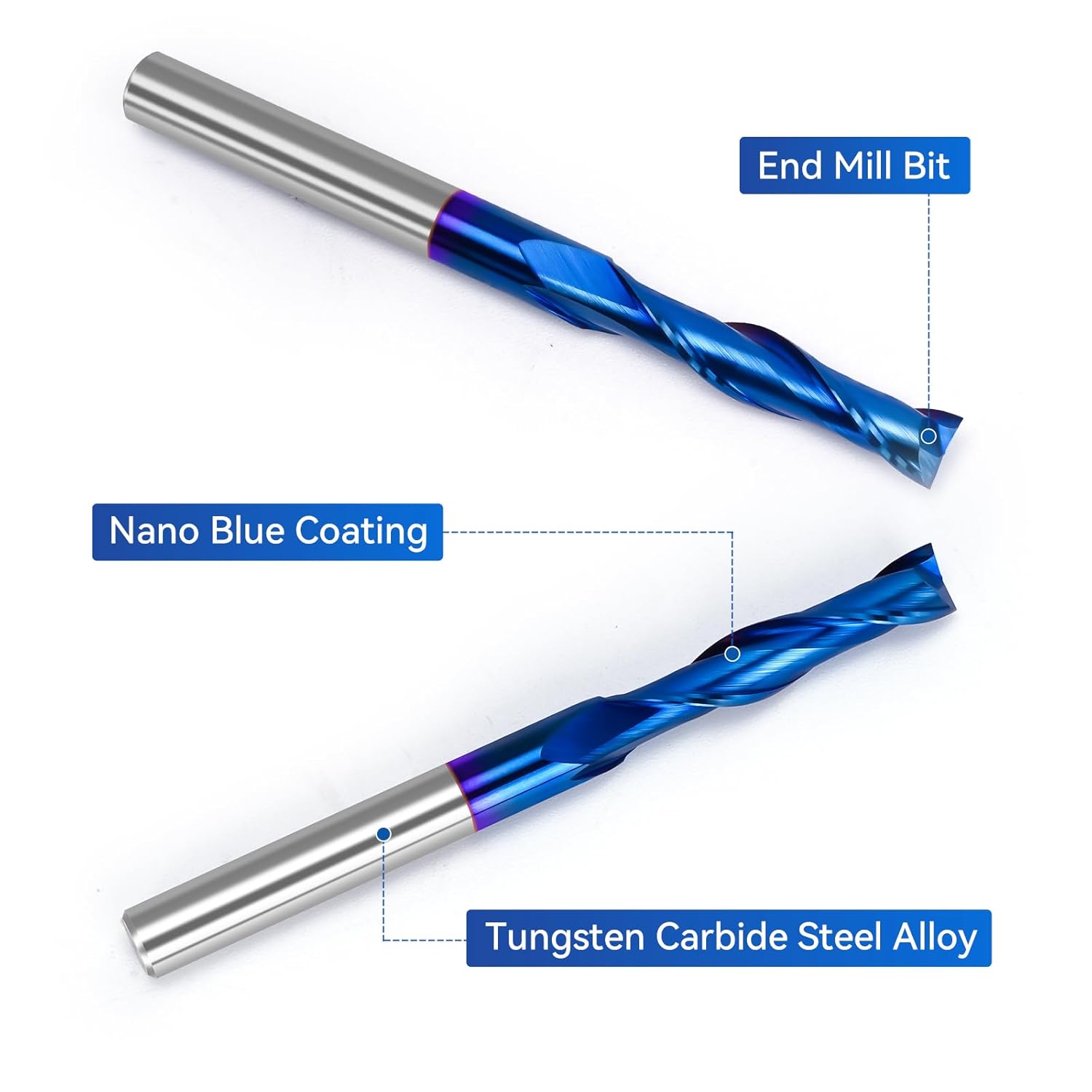 LUNYEE 2PCS Upcut Spiral Router Bit 1/4 inch Shank, 1/4 inch Cutting Diameter, Extra Long 3 inch Solid Carbide with Nano Blue Coating CNC Router Bits End Mill for Wood Cut, Carving