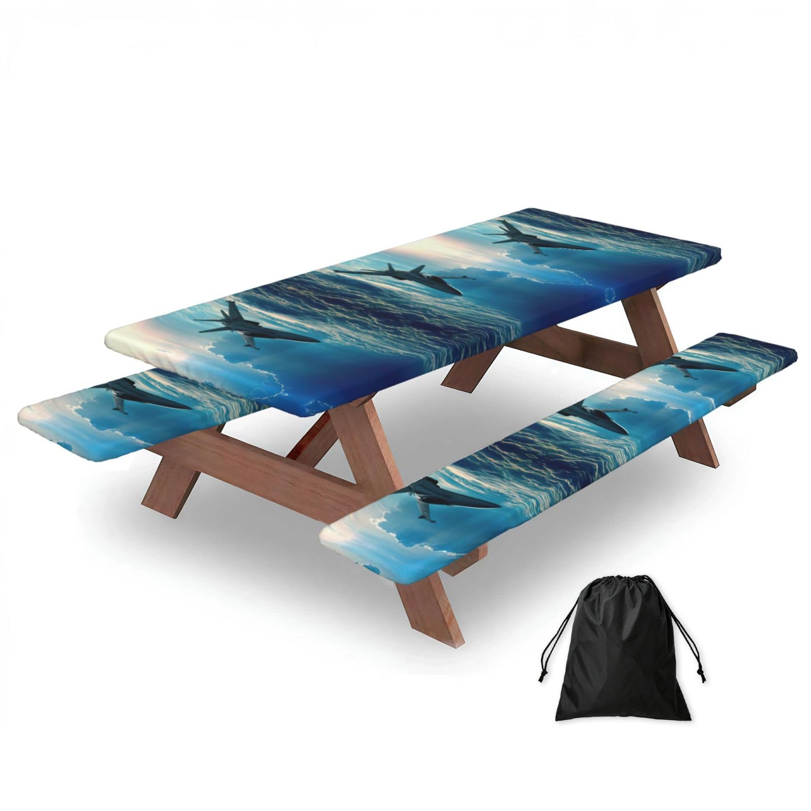 Zyjhyy Black Aircraft Fighter Jets Print 3 Pack Wipeable Picnic Bench Cover And Table Cover Lightweight Table Cloth For Camping Outdoor