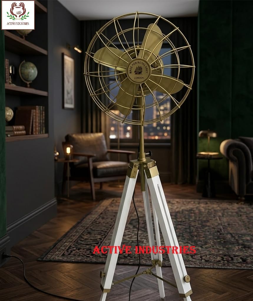 50" Handmade Nautical Industrial Floor Fan with Tripod Stand, White Adjustable Height Fan, Vintage Marine Style Home Decor, Metal Air Circulator for Living Room, Office, Studio