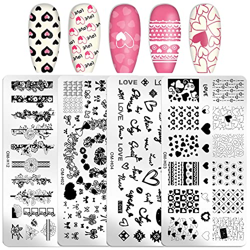 4 Pcs Nail Stamping Plate Valentine's Day Theme Heart Shape Rose Flowers Bows Love Envelope Nail Art Design Template Print Manicure Tool Set #TOP19