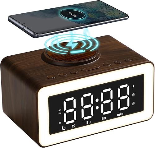 Reloj despertador de madera con altavoz Bluetooth con carga inalámbrica, atenuador de brillo ajustable 0-100%, 2 alarmas, repetición de 9 minutos,