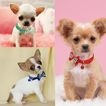 Yellow Extra Small Dog Collar with Bell, 2-Pack Cat Collar with Bell, Adjustable Bowtie Puppy Collar for XXS XSmall Girl Pets Female Kitten Yorkie Chihuahua X-Small, Neck 7-12 Inch